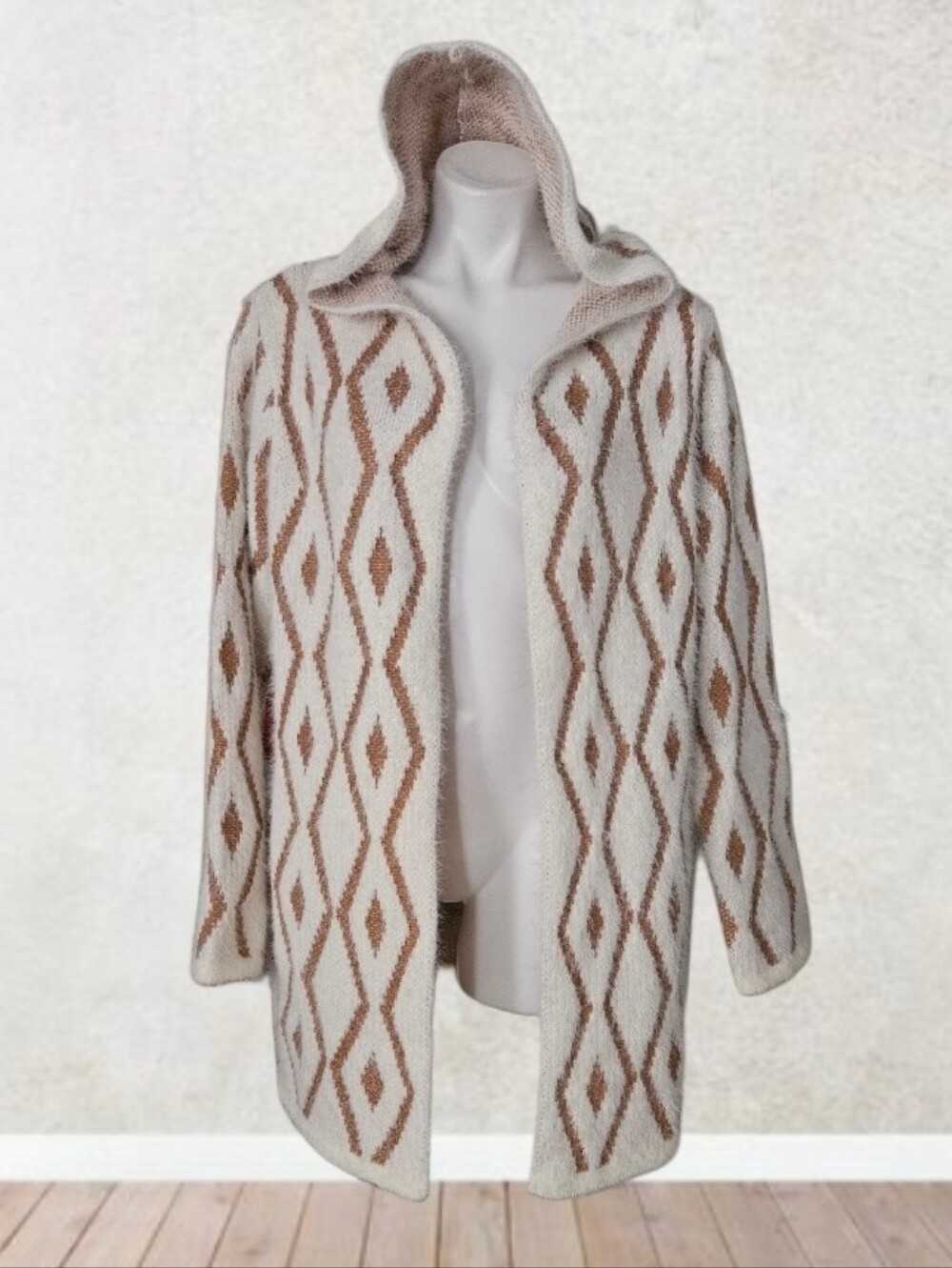 Love Ever After rHooded Geometric Knit Cardigan - Cream & Brown XL
